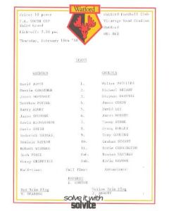 Watford v Chelsea official teamsheet 18/02/1988
