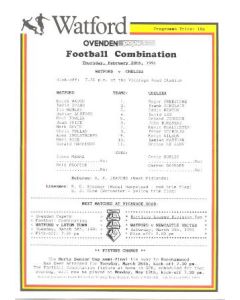 Watford v Chelsea official teamsheet 28/02/1991