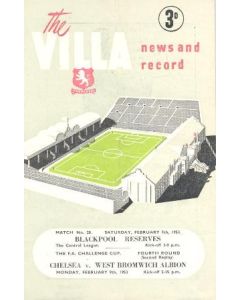West Bromwich Albion vChelsea official programme 09/02/1953 F.A. Cup, Replay, at Aston Villa