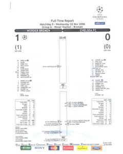 Werder Bremen v Chelsea Full Time Report, Full Time Summary, Summary Results & League Tables & Tot Scorers 22/11/2006 Champions League
