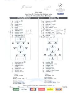 Werder Bremen v Chelsea line-ups 22/11/2006 Champions League, written on