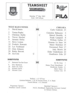 West Ham United v Chelsea official teamsheet 03/05/2003 Premier League