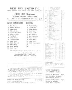 West Ham United v Chelsea official teamsheet 14/11/1987