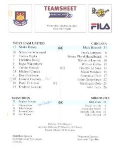 West Ham United v Chelsea official colour teamsheet 24/10/2001 F.A. Barclaycard Premiership