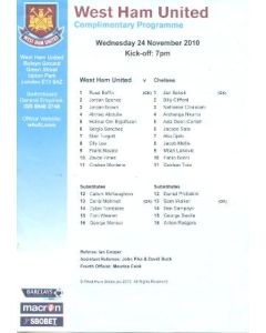 West Ham United vChelsea official programme 24/11/2010 Barclays Premier Reserve League