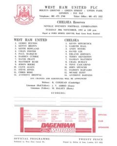 West Ham United v Chelsea Reserves official colour teamsheet 30/11/1993 Football Combination