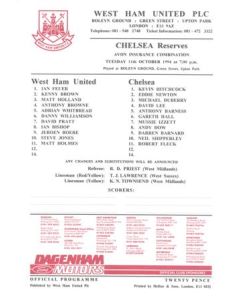 West Ham United v Chelsea Reserves official teamsheet 11/10/1994 Football Combination