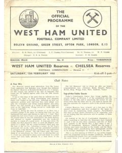 West Ham United Reserves v Chelsea Reserves official programme 12/02/1955 Football Combination, Chelsea Championship Season