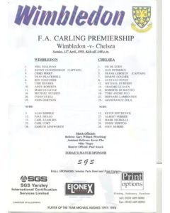Wimbledon v Chelsea teamsheet 11/04/1999 Carling Premiership