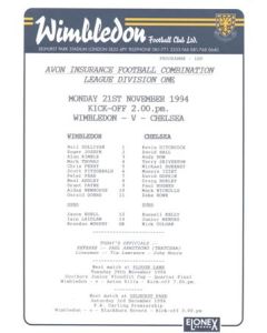 Wimbledon v Chelsea Reserves official colour teamsheet 21/11/1994 Football Combination