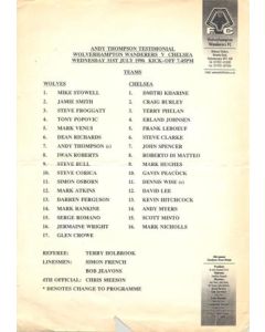 Wolverhampton Wanderers v Chelsea official teamsheet 31/07/1996 Andy Thompson Testimonial Match, reduced price