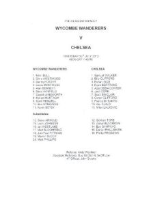Wycombe Wanderars v Chelsea teamsheet 29/07/2010