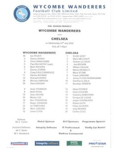 Wycombe Wanderers v Chelsea official colour teamsheet 31/07/2002 Pre-Season Friendly