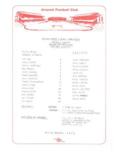Arsenal v Chelsea official teamsheet 05/03/1991 Reserves