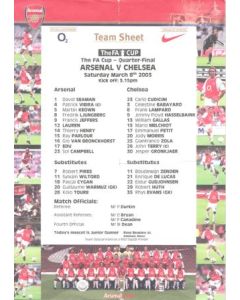 Arsenal v Chelsea official colour teamsheet 08/03/2003 F.A. Cup Quarter-Final