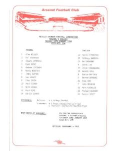 Arsenal v Chelsea official teamsheet 18/01/1994 Reserves
