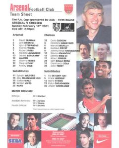 Arsenal v Chelsea official colour teamsheet 18/02/2001 F.A. Cup
