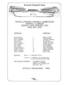 Arsenal v Chelsea Reserves official colour teamsheet 26/01/1993 Football Combination