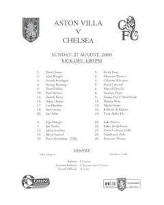 Aston Villa v Chelsea official teamsheet 27/08/2000 Carling Premiership