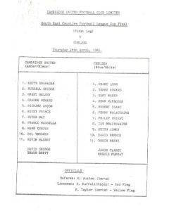 Cambridge United v Chelsea official teamsheet 28/04/1983 South East Counties League Cup Final