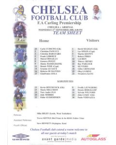 Chelsea v Arsenal official colour teamsheet 06/09/2000 Premier League