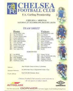 Chelsea v Arsenal official colour teamsheet 23/10/1999 Premier League