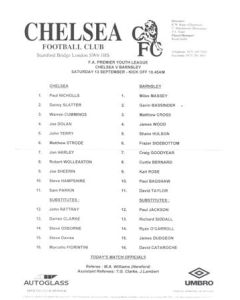 Chelsea v Barnsley official teamsheet of an unknown season F.A. Premier Youth League