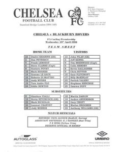 Chelsea v Blackburn Rovers official teamsheet 29/04/1998 Premier League