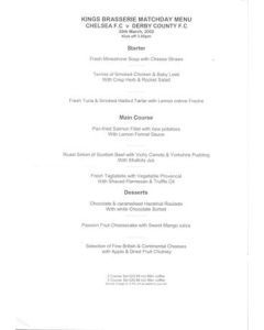 Chelsea v Derby County Kings Brasserie menu 30/03/2002