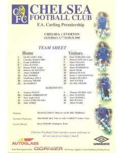 Chelsea v Everton official colour teamsheet 11/03/2000 Premier League