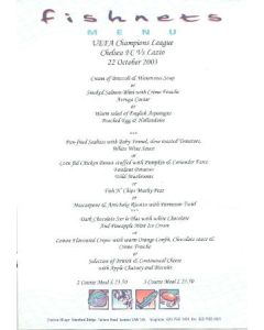 Chelsea v Lazio Fishnets menu 22/10/2003