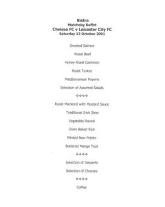 Chelsea v Leicester City Bistro menu 13/10/2001 Premier League