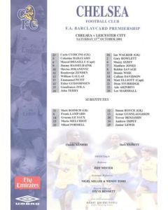 Chelsea v Leicester City official colour teamsheet 13/10/2001 Premier League