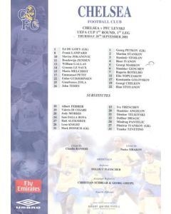 Chelsea v Levski Sofia Bulgaria official colour teamsheet 20/09/2001 UEFA Cup
