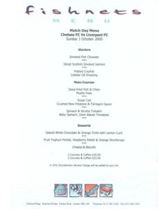Chelsea v Liverpool Fishnets menu 01/10/2000