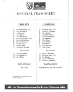 Chelsea v Liverpool official teamsheet of an unknown season F.A. Youth Cup