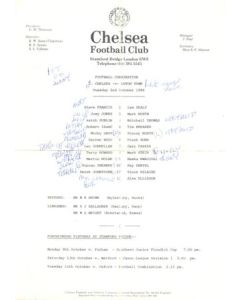 Chelsea v Luton Town Reserves official teamsheet 02/10/1984 Football Combination