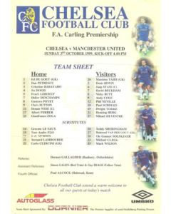 Chelsea v Manchester United official colour teamsheet 03/10/1999 Premier League