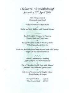 Chelsea v Middlesbrough not branded menu 10/04/2004 Premier League