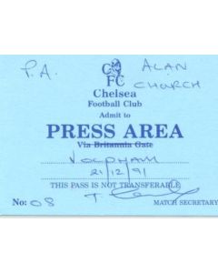 Chelsea v Oldham Atletic press pass 21/12/1991