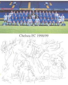 Chelsea FC 1998-1999 card with a team photograph and facsimile signatures of the entire team
