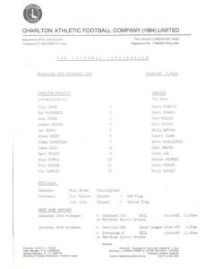 Charlton Athletic v Chelsea Reserves official colour teamsheet 20/11/1985 Football Combination