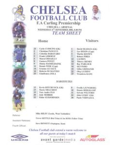 Chelsea v Arsenal official colour teamsheet 06/09/2000 Carling Premiership