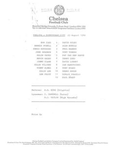 Chelsea v Birmingham City official teamsheet 23/08/1980