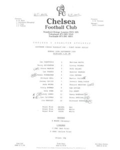 Chelsea v Charlton Athletic Reserves official teamsheet 24/09/1990 Football Combination