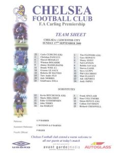Chelsea v Leicester City official colour teamsheet 17/09/2000 Premier League