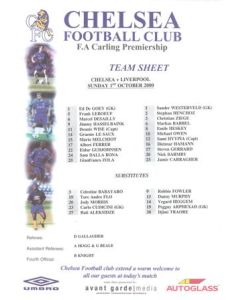Chelsea v Liverpool official colour teamsheet 01/10/2000 Carling Premiership