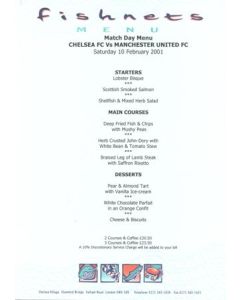 Chelsea v Manchester United Fishnets menu 10/02/2001 Premier League