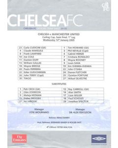 Chelsea v Manchester United official colour teamsheet 12/01/2005 Carling Cup Semi-Final 1st Leg