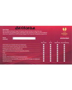 Chelsea V Benfica Europa League Final 2013 Corporate Hospitality feedback form card